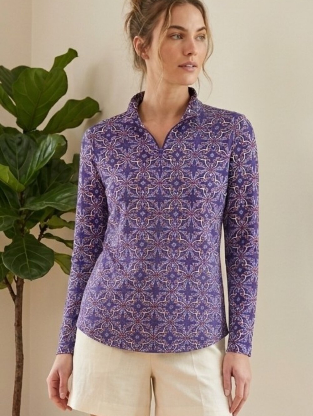 J. McLaughlin Bedford 1/4 Zip Pullover Catalina Cloth Geometric Top L Like New